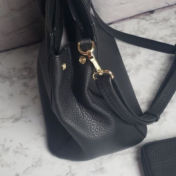 Two Tone Satchel Black Faux Leather Handbag with Decorative Lock - Picture 14 of 17